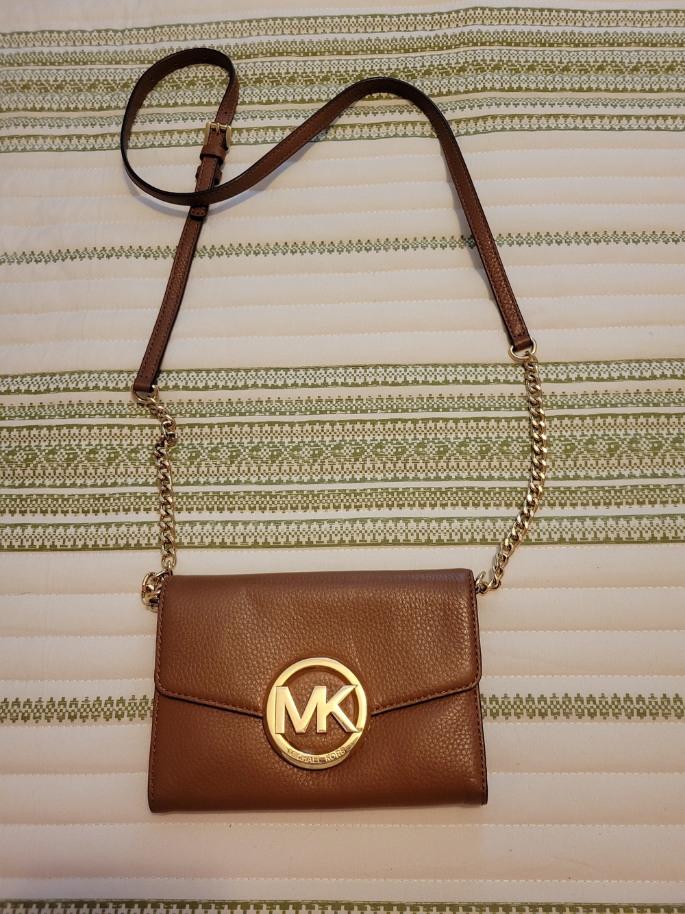 Michael Kors Vanna Brown Pebbled Leather MK Chain Crossbody